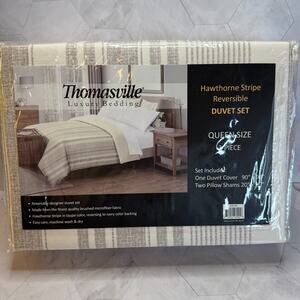 NEW Thomasville Luxury Bedding Queen Duvet Set Hawthorne Stripe Reversible 3 Pc